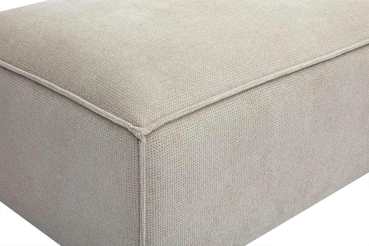 Pouf rectangulaire en tissu chenille beige, vue de d�tail du coin.