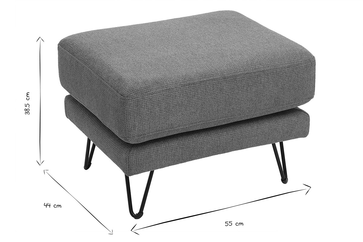 Dimensions du pouf repose-pieds OSLO : L55 x P44 x H38,5 cm en noir et blanc.
