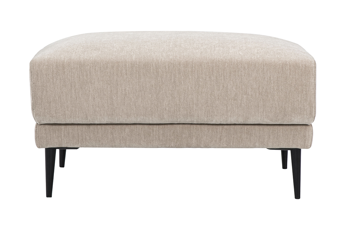 Pouf repose pieds rectangulaire en tissu effet velours taupe avec pieds en m�tal noir, vue de face.