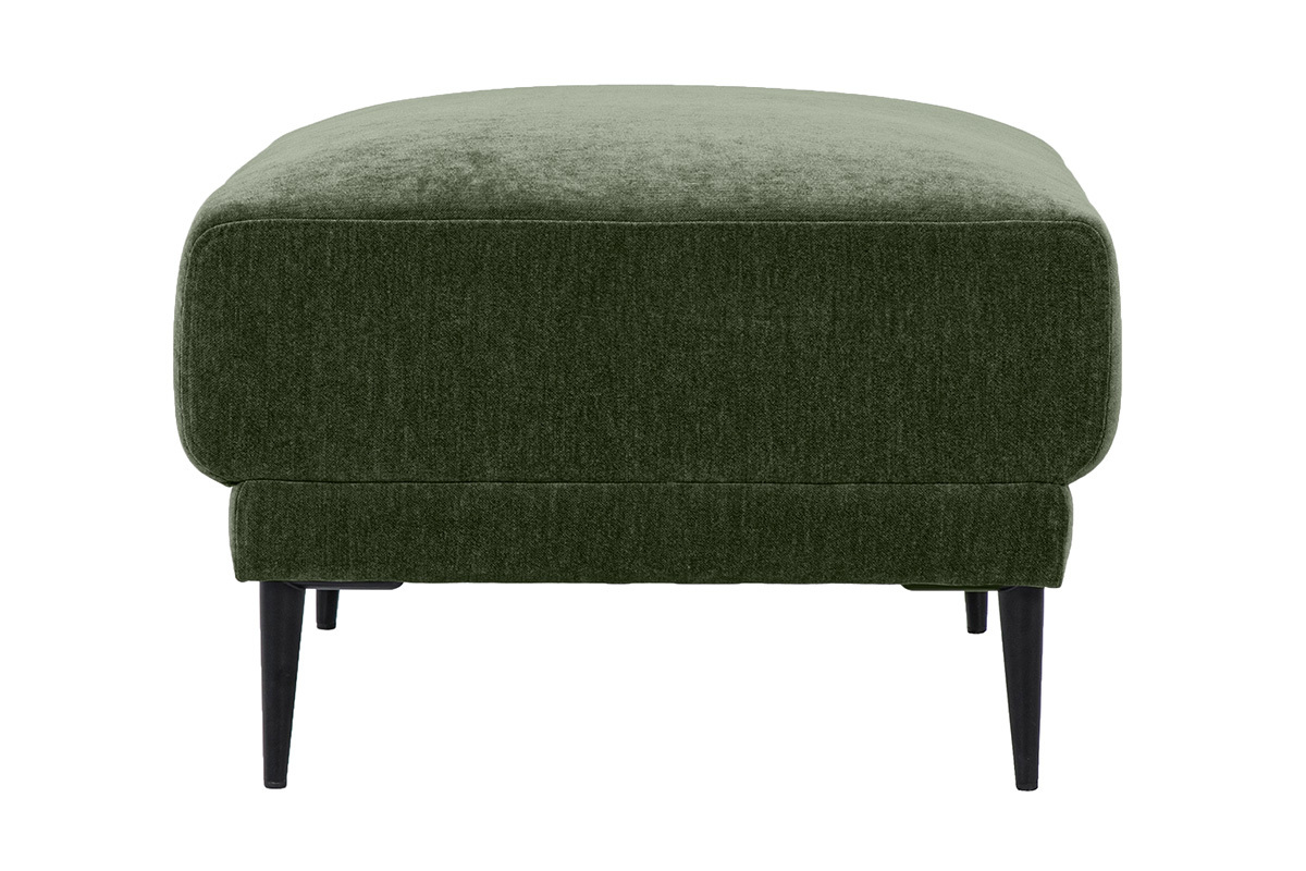 Pouf repose pieds en tissu effet velours vert kaki, vue de profil avec pieds en m�tal noir.