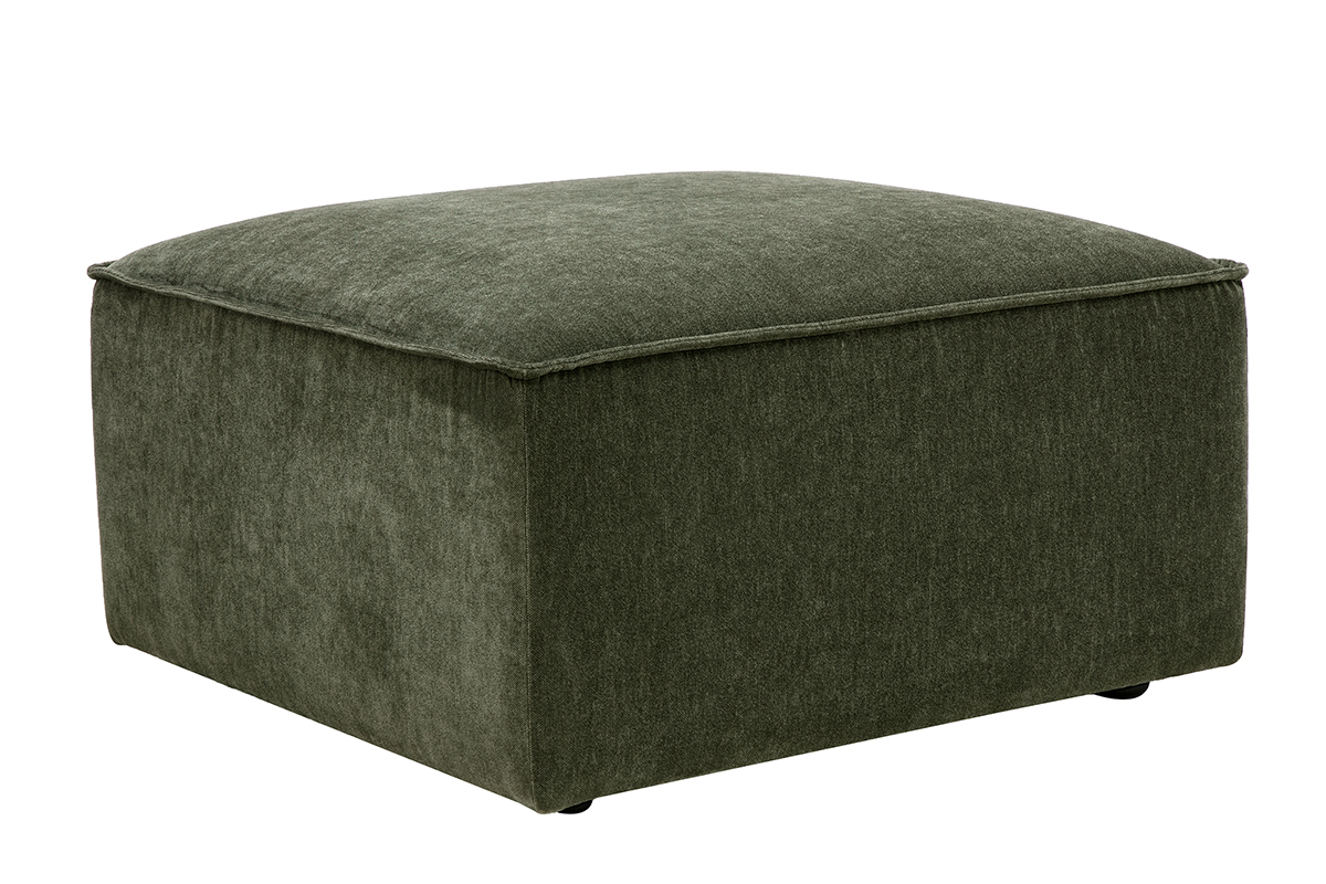 Pouf carr� en tissu effet velours vert kaki, vue de 3/4.