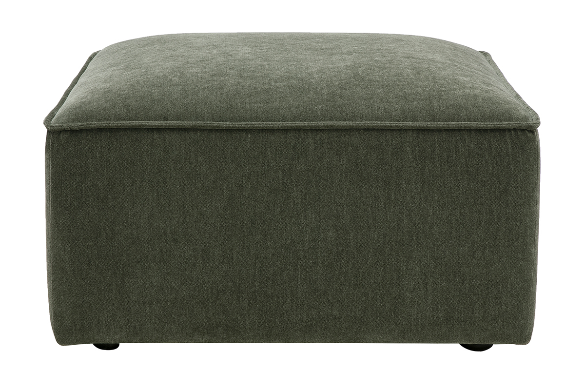 Pouf carr� en tissu effet velours vert kaki, vue de face