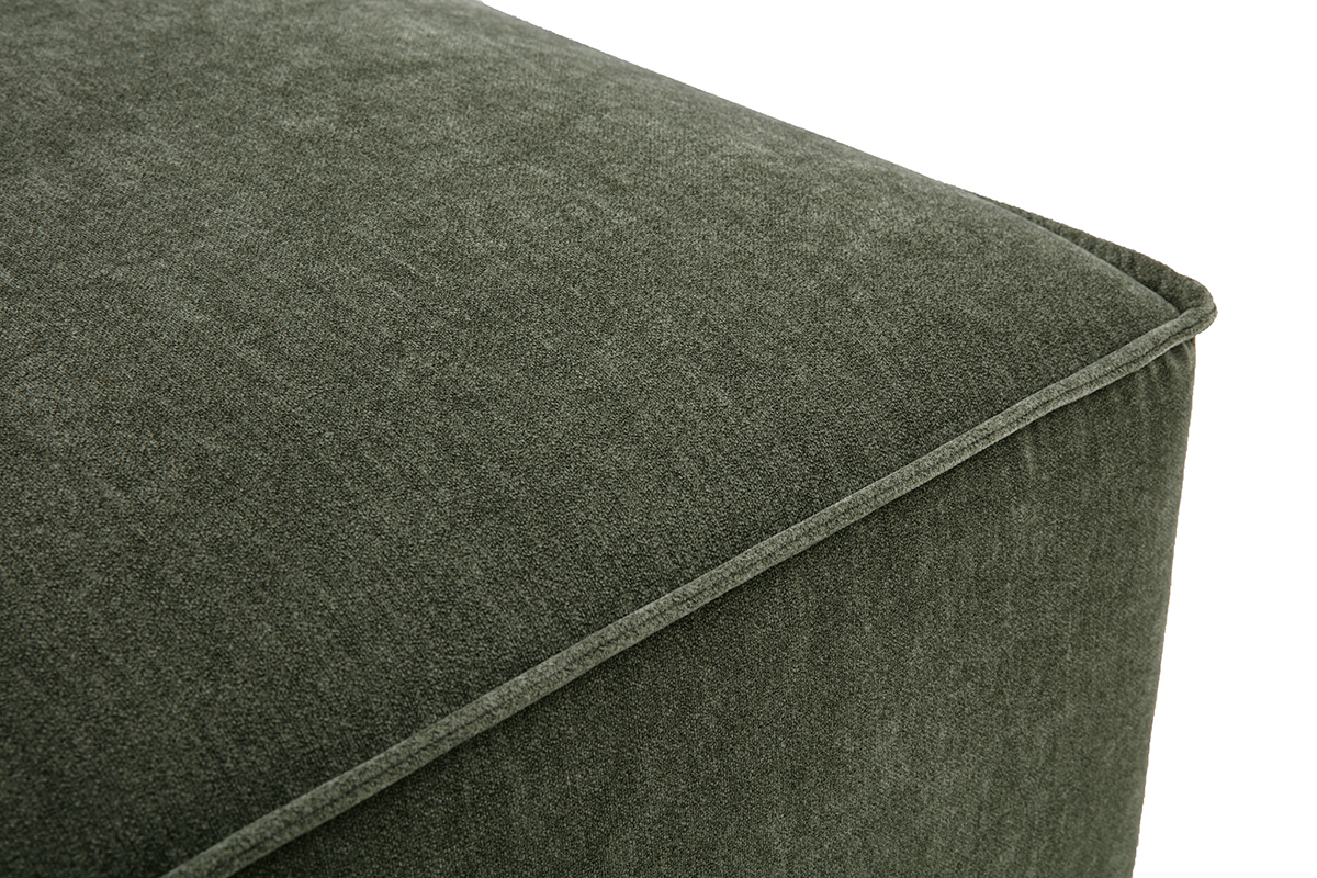D�tail du pouf KERRY en tissu effet velours vert kaki, vue de pr�s.