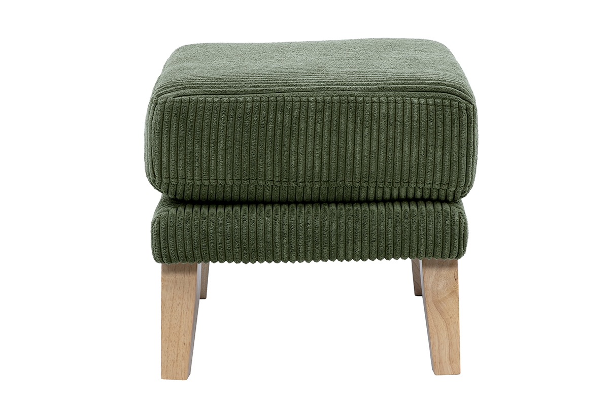 Pouf vert en velours c�tel� avec pieds en bois clair, vue de profil.