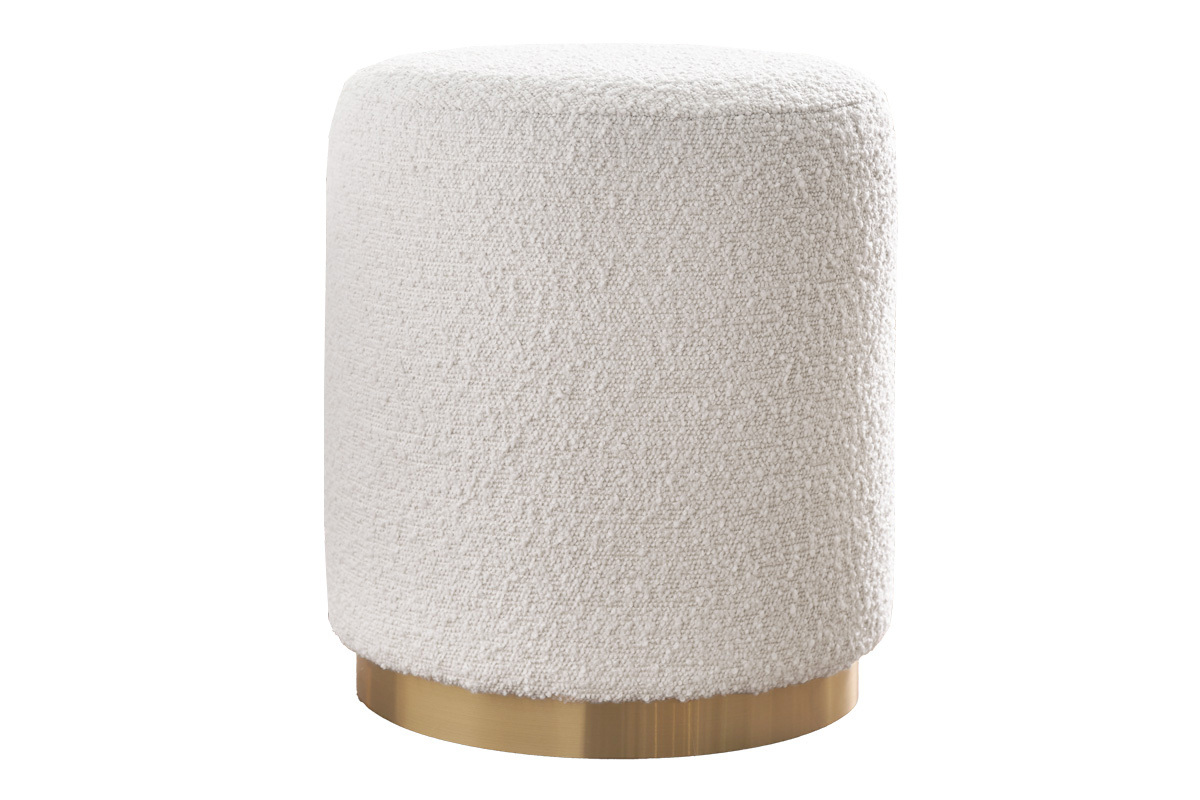 Pouf rond en tissu effet laine boucl�e blanc cass� et m�tal dor� D40 cm AMAYA