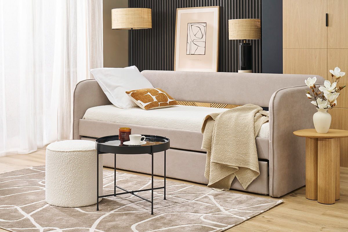 Pouf rond en tissu effet laine boucl�e blanc D40 cm PAUL