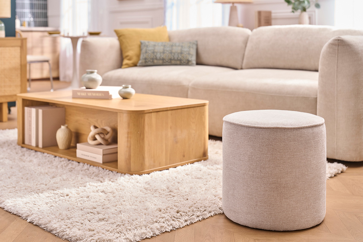 Pouf rond en tissu effet velours textur� beige D40 cm PAUL