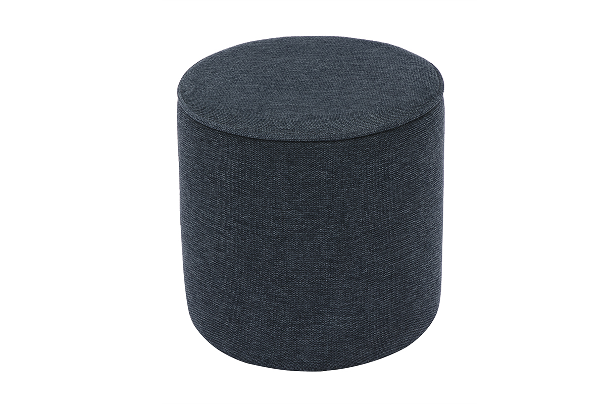 Pouf rond en tissu effet velours bleu fonc�, vue de face.