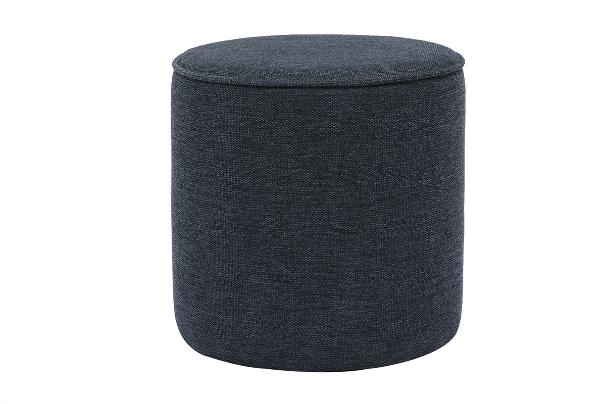 Pouf rond bleu fonc� en tissu effet velours, vue de face.