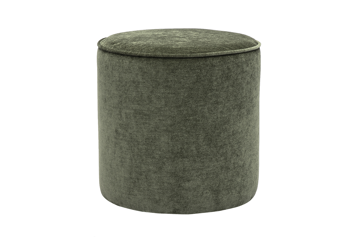 Pouf rond en tissu velours vert kaki D40 cm, vue de face.