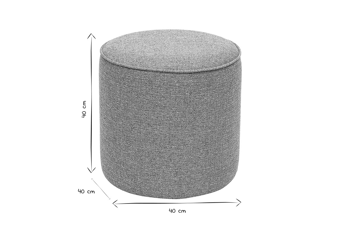 Pouf rond en tissu gris clair de 40 cm de diam�tre, dimensions indiqu�es en noir et blanc.