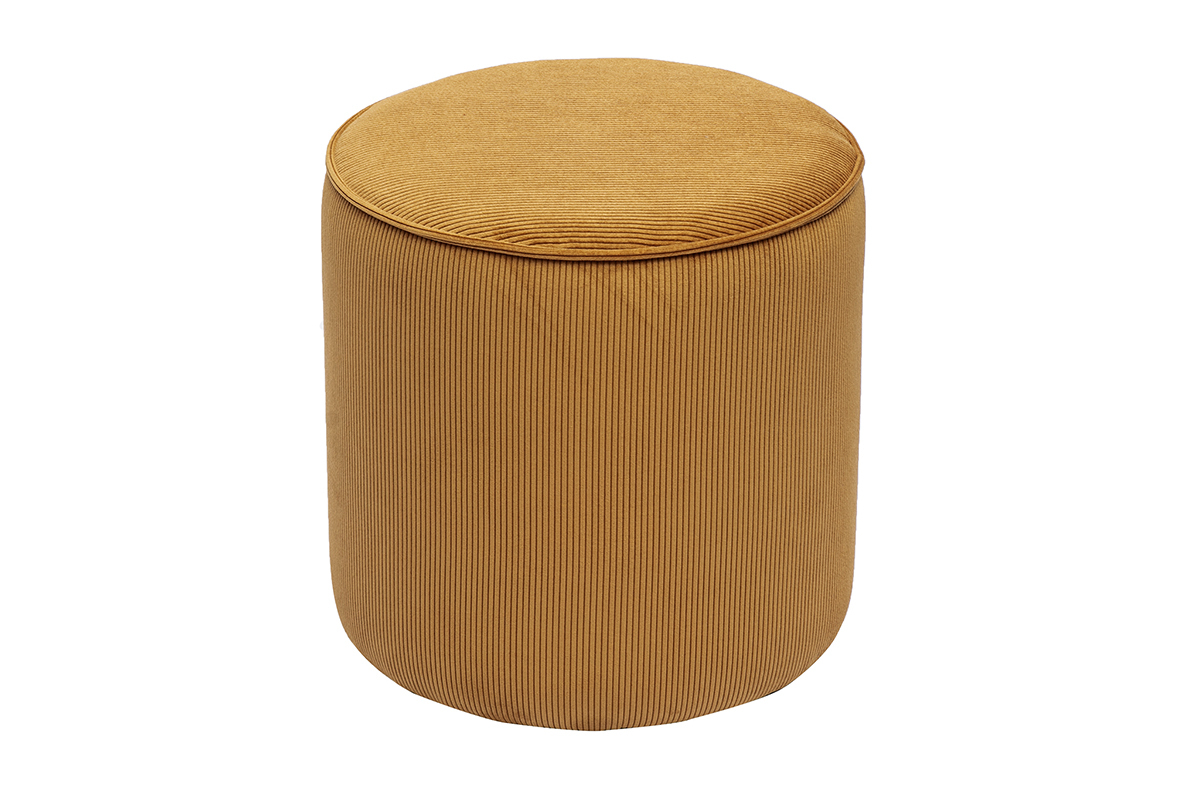 Pouf rond en velours c�tel� jaune curry, vue de haut.