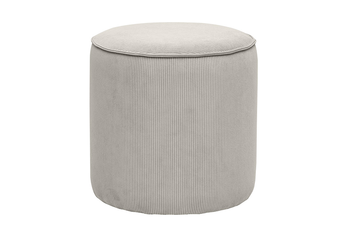 Pouf rond en velours c�tel� taupe, vue de face.