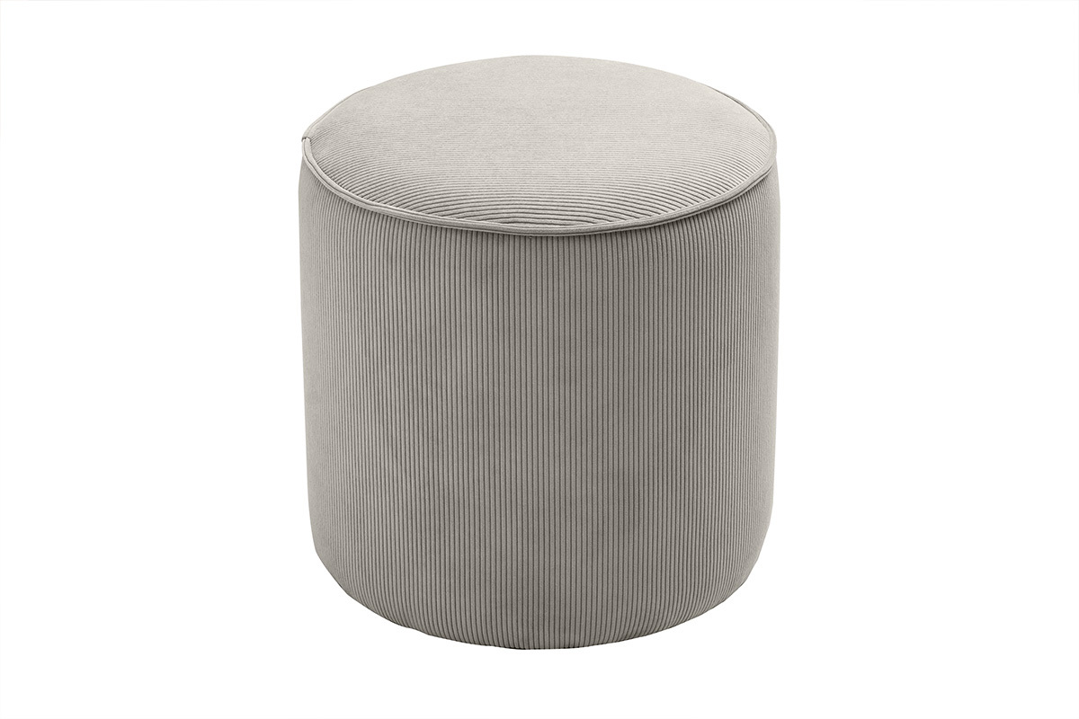 Pouf rond en velours c�tel� taupe, vue de face.