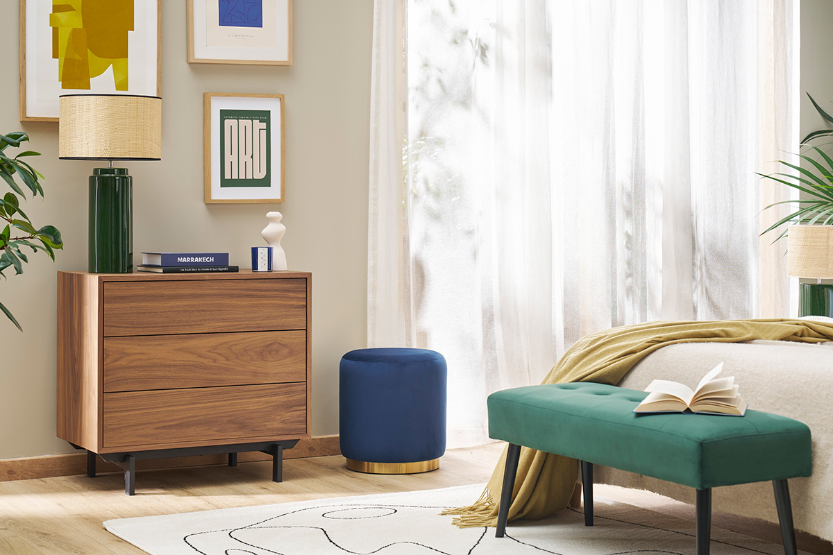 Pouf rond en velours bleu marine et m�tal dor� D40 cm AMAYA