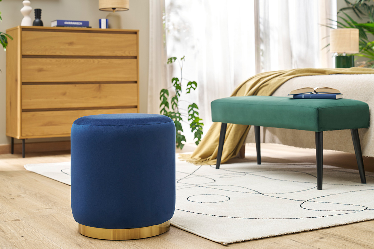 Pouf rond en velours bleu marine et m�tal dor� D40 cm AMAYA