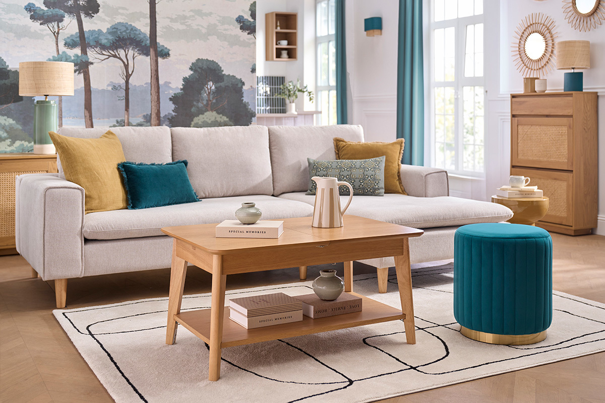 Pouf rond en velours bleu p�trole et m�tal dor� D40 cm DONA