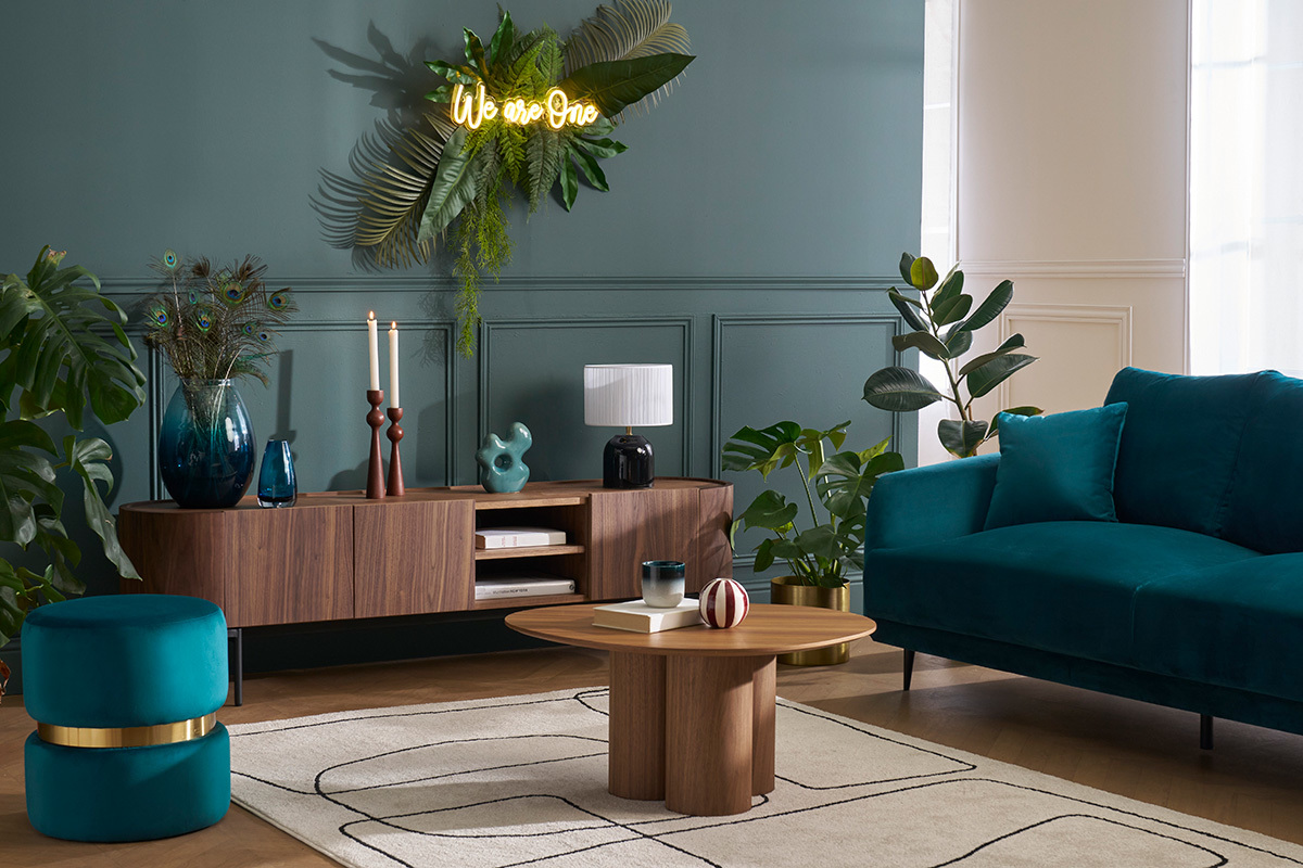 Pouf rond en velours bleu p�trole et m�tal dor� D40 cm JOY