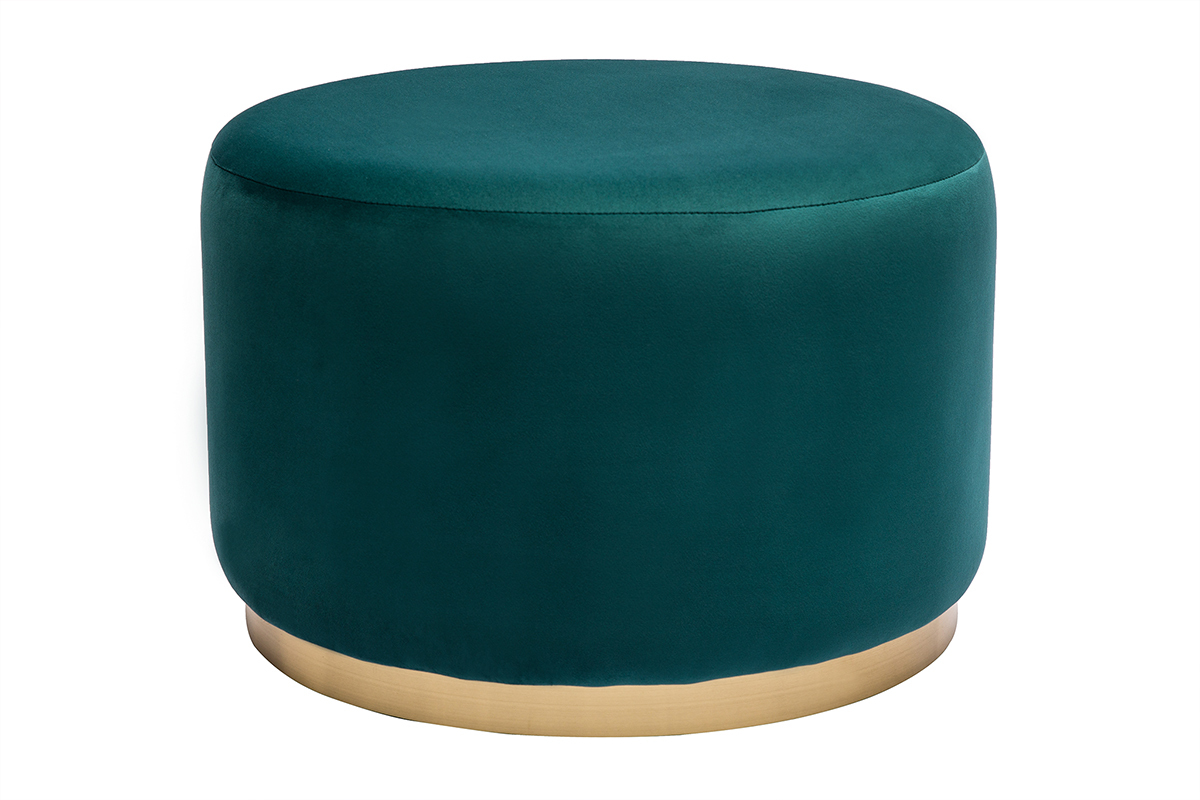 Pouf rond en velours bleu p�trole et m�tal dor� D54 cm AMAYA