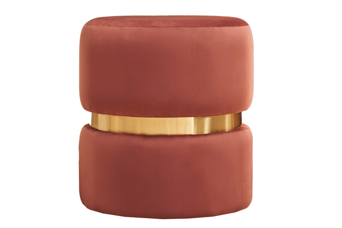 Pouf rond en velours bleu rouge tomette et m�tal dor� D40 cm JOY