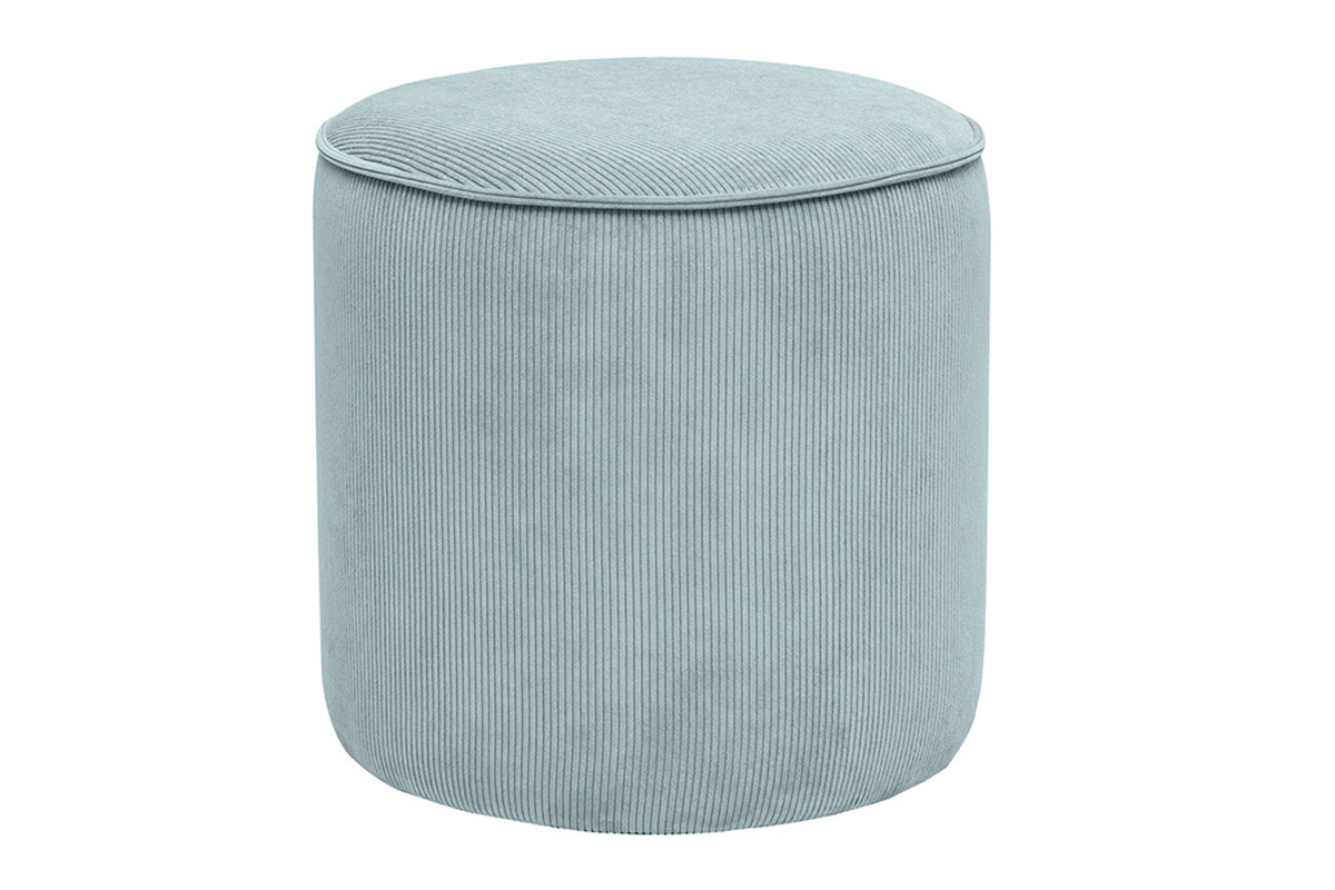 Pouf rond en velours c�tel� bleu gris�, vue de face.