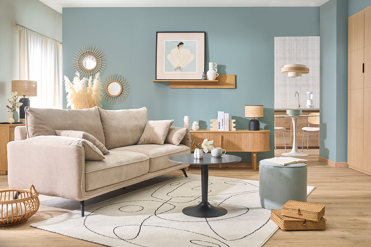 Pouf rond en velours c�tel� bleu gris� D40 cm PAUL