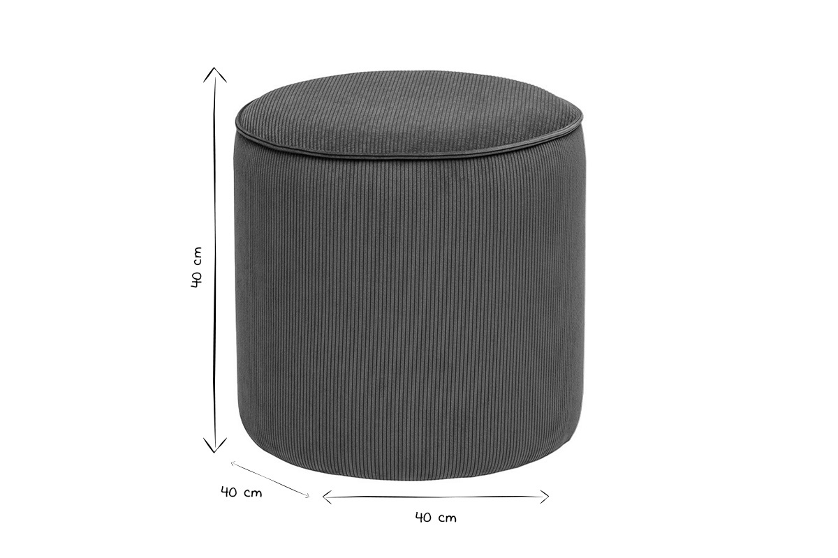 Dimensions du pouf rond en velours c�tel�, 40 cm, noir et blanc.
