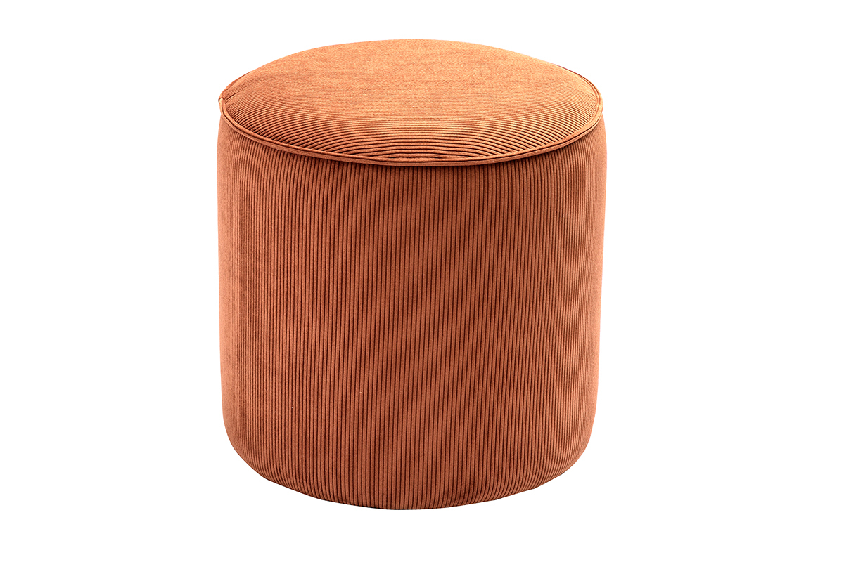 Pouf rond en velours c�tel� terre br�l�e, vue de haut.