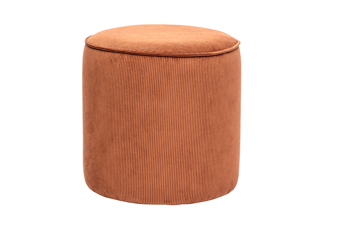 Pouf rond en velours c�tel� terre br�l�e, vue de face.