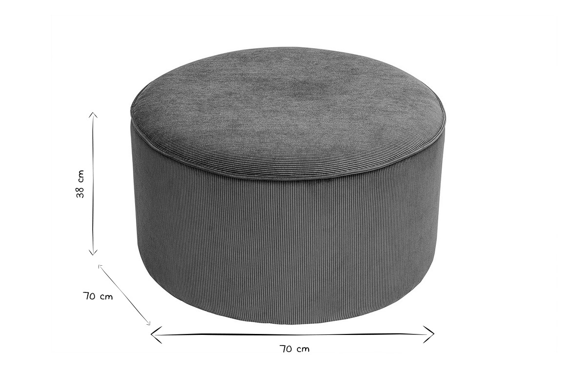 Pouf rond en velours c�tel�, dimensions 70 cm de diam�tre, 38 cm de hauteur, vue de profil, en noir et blanc.