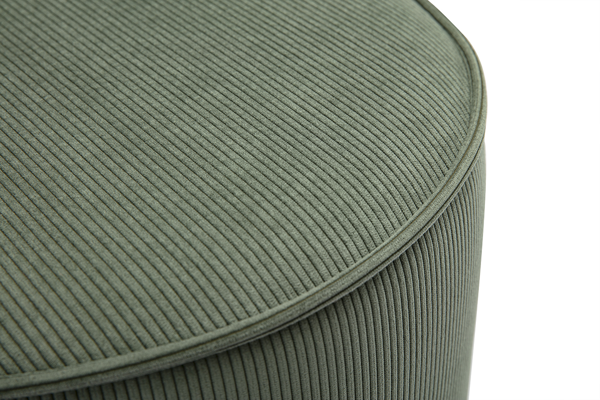 Pouf rond en velours c�tel� vert kaki de 40 cm de diam�tre.