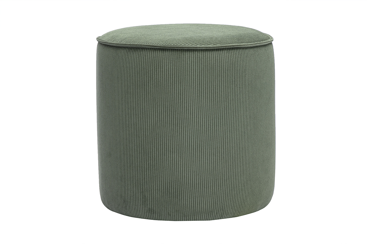 Pouf rond en velours c�tel� vert kaki D40 cm PAUL