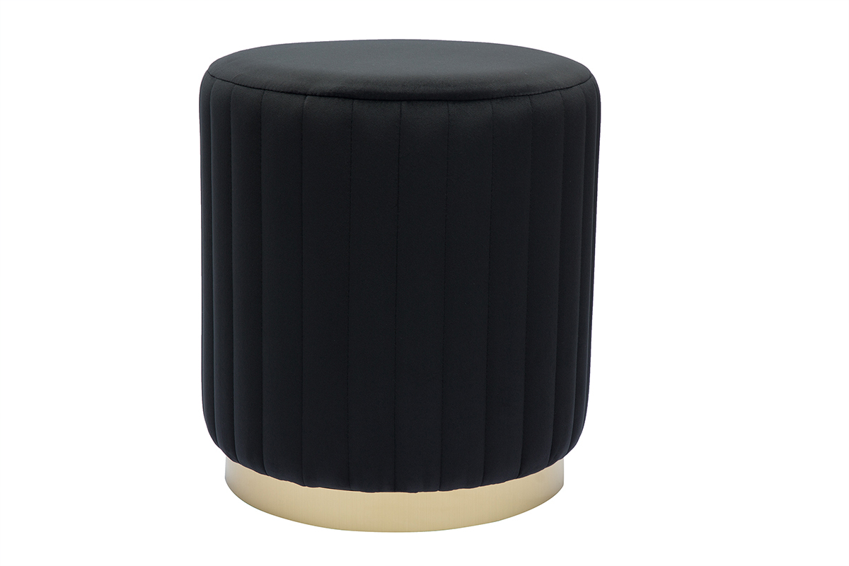 Pouf rond en velours noir avec base en m�tal dor�, vue lat�rale.