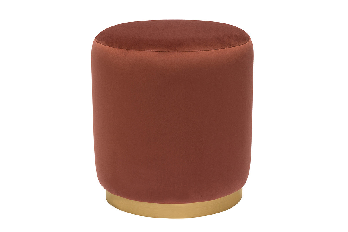 Pouf rond en velours rouge tomette et m�tal dor� D40 cm AMAYA
