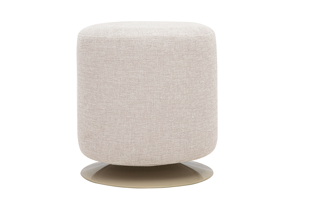 Pouf rond pivotant en tissu effet velours textur� beige avec pied en m�tal, vue de face