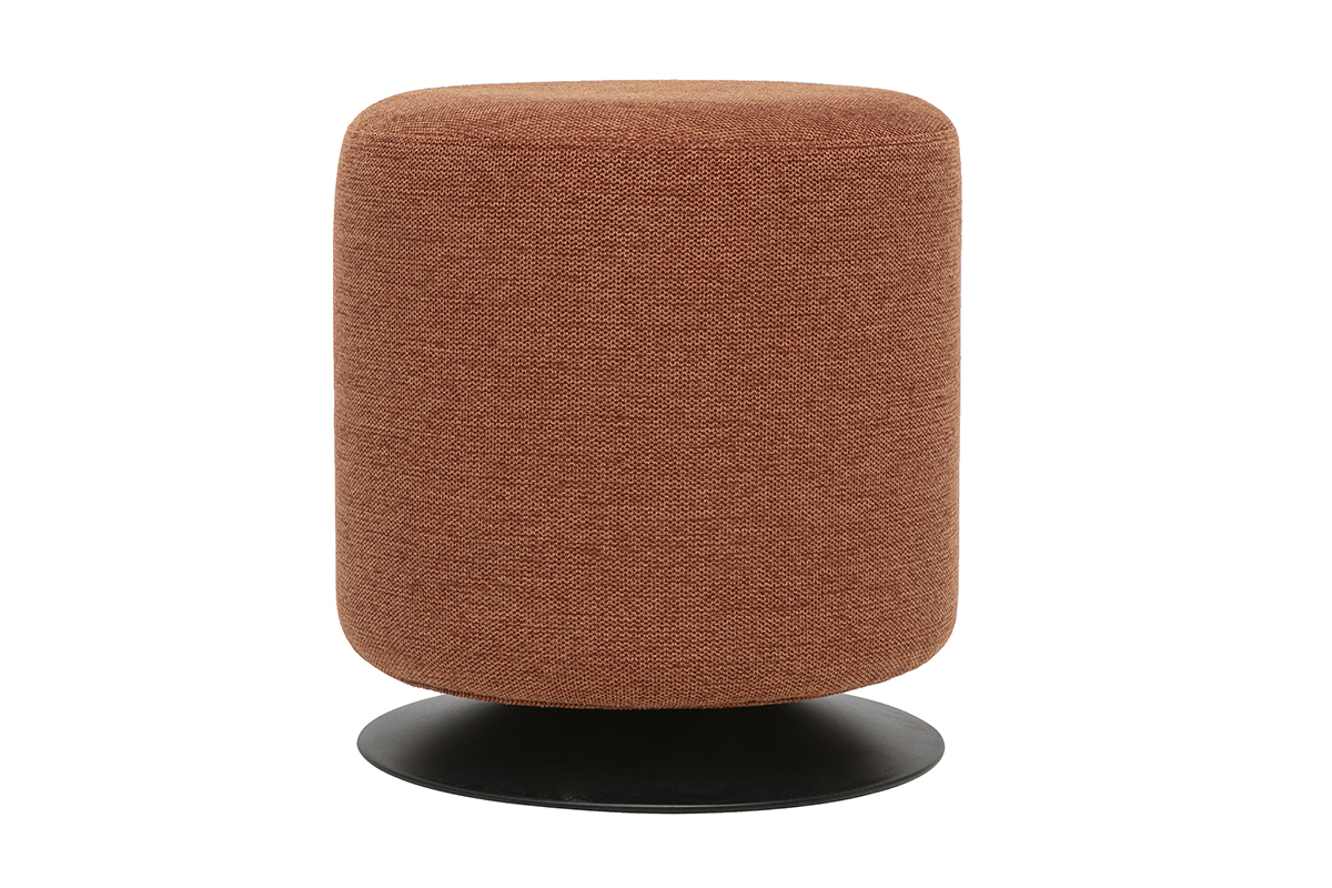 Pouf rond pivotant orange en tissu effet velours sur un pied en m�tal, vue de face.