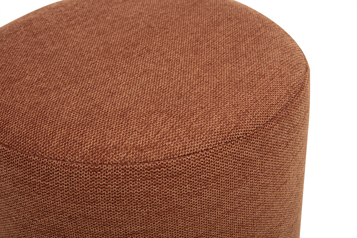 Pouf rond pivotant en tissu effet velours textur� couleur terre br�l�e, vue de dessus zoom�e