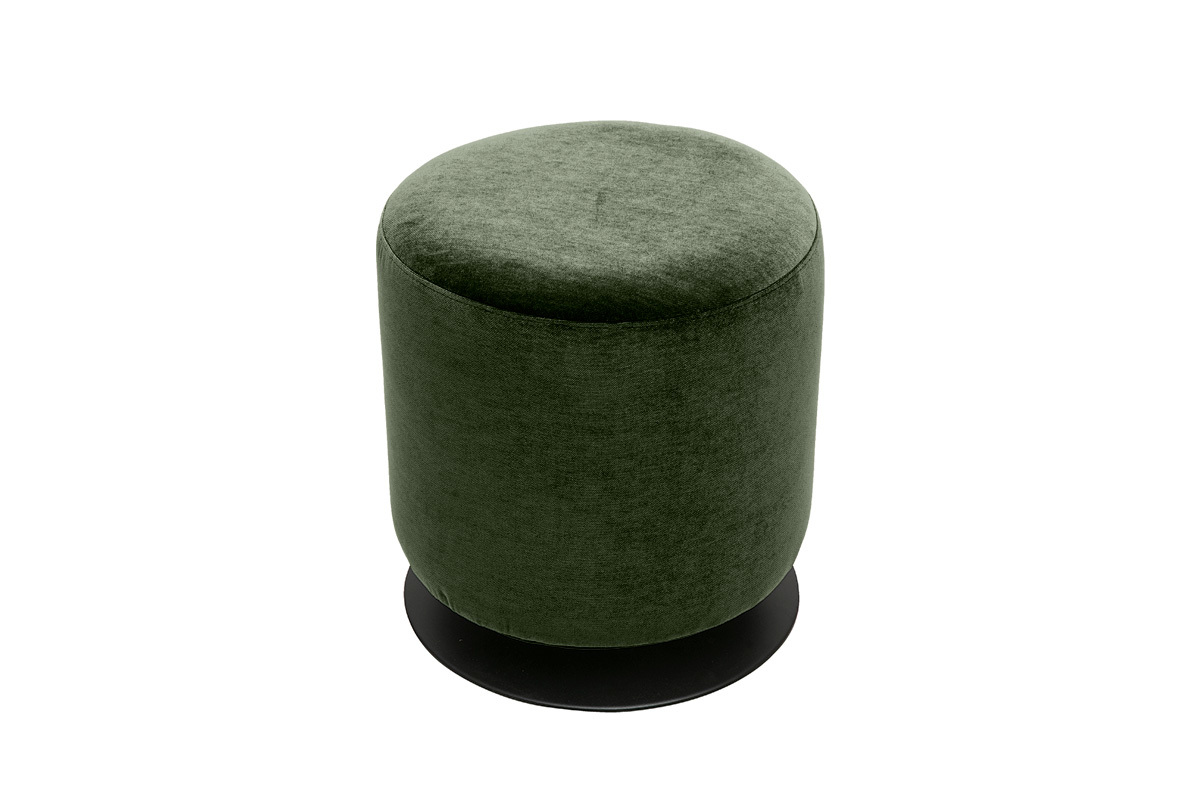 Pouf rond pivotant en tissu effet velours vert kaki avec base en m�tal, vue de dessus