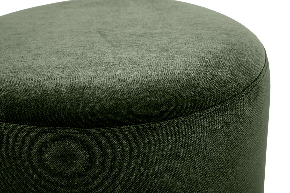 Pouf rond pivotant en tissu effet velours vert kaki, vue de dessus, D39.5 cm, design contemporain.