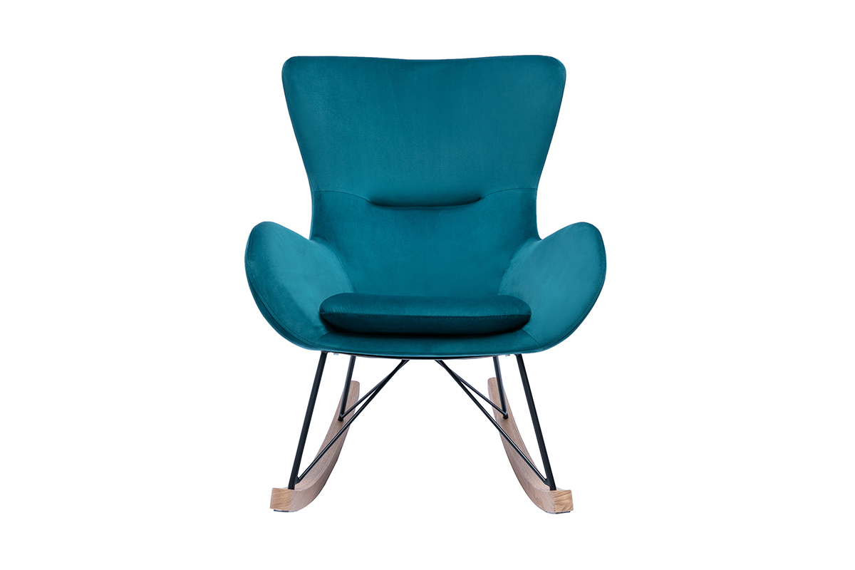 Rocking chair design en tissu velours bleu canard, m�tal noir et bois clair ESKUA