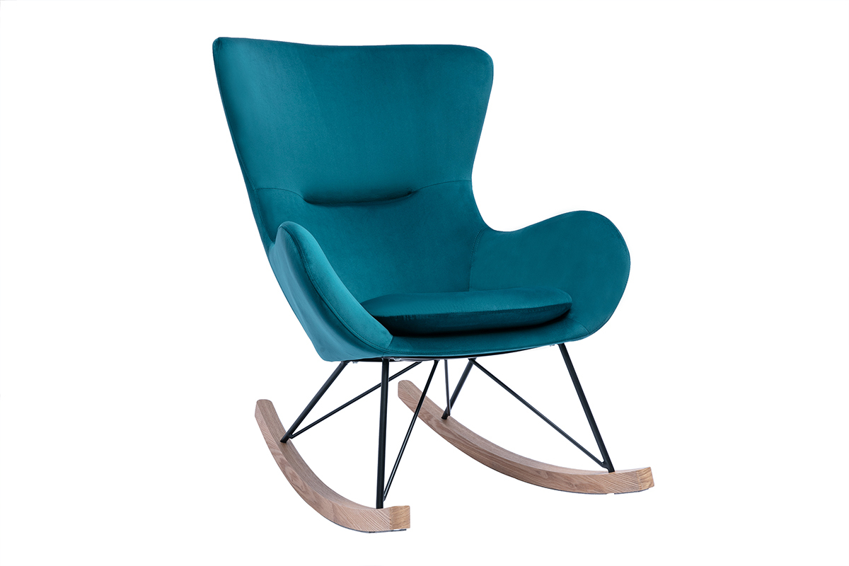 Rocking chair design en tissu velours bleu canard, m�tal noir et bois clair ESKUA