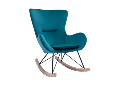 Rocking chair design en tissu velours bleu canard, m&eacute;tal noir et bois clair ESKUA