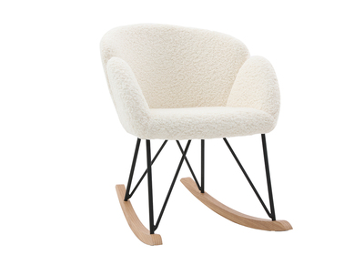 Rocking chair en tissu effet peau de mouton blanc, m&eacute;tal noir et bois clair RHAPSODY