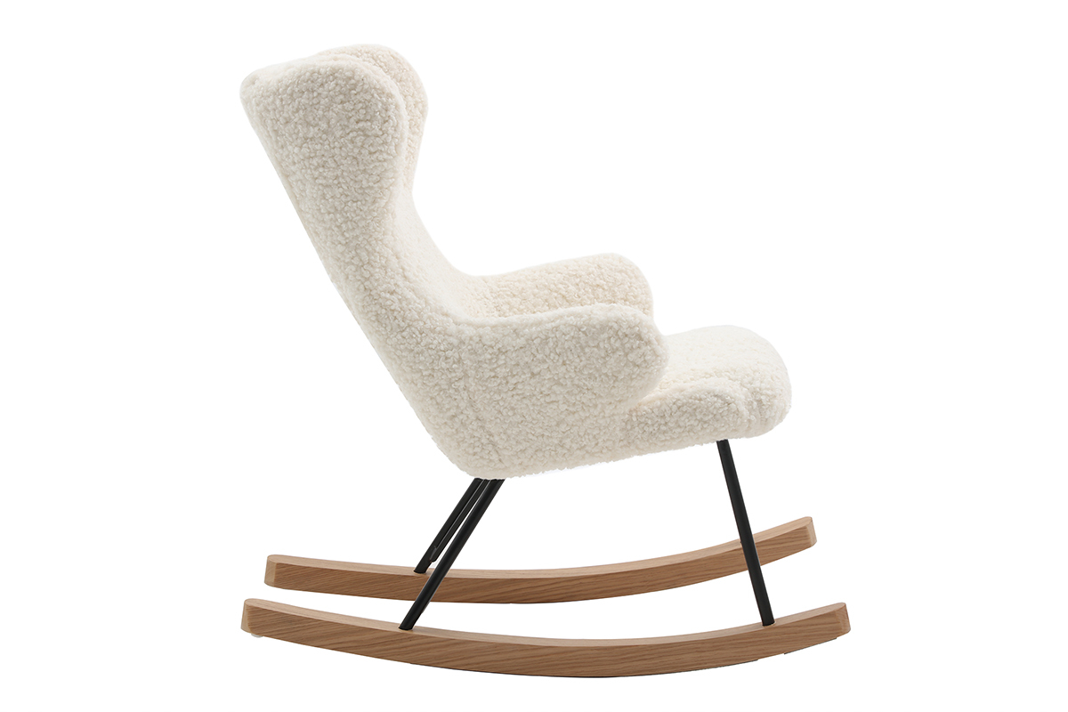 Rocking chair enfant en tissu effet peau de mouton blanc, m�tal noir et bois clair SHAUN