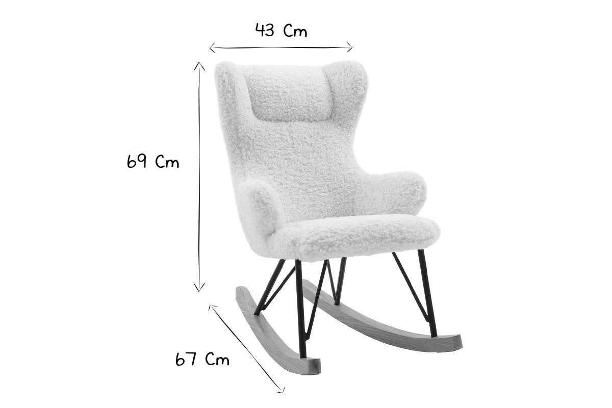 Rocking chair enfant en tissu effet peau de mouton blanc, m�tal noir et bois clair SHAUN