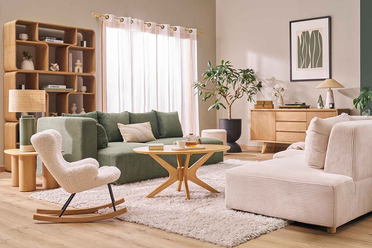 Rocking chair enfant en tissu effet peau de mouton blanc, m�tal noir et bois clair SHAUN