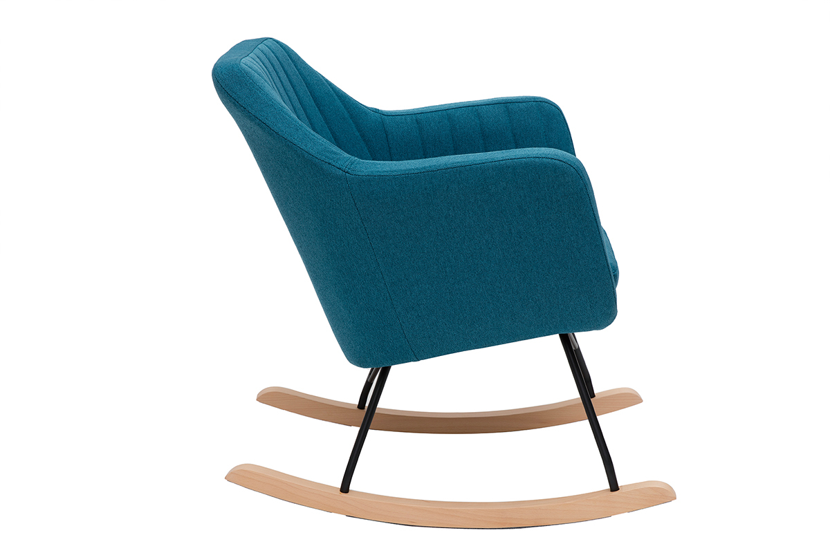 Rocking chair scandinave en tissu bleu canard, m�tal noir et bois clair ALEYNA