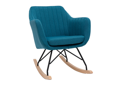 Rocking chair scandinave en tissu bleu canard, m&eacute;tal noir et bois clair ALEYNA