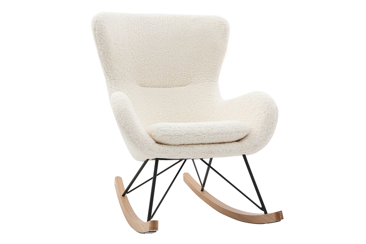Rocking chair scandinave en tissu effet peau de mouton blanc, m�tal noir et bois clair  ESKUA