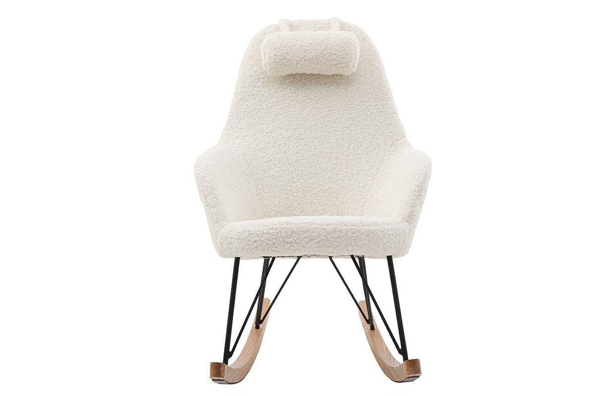 Fauteuil � bascule scandinave JHENE en tissu effet peau de mouton blanc, vue de face.